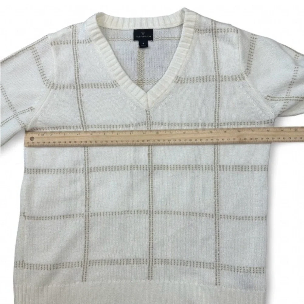 Worthington Women's Sweater Small S Ivory Gold Metallic Plaid V-Neck Shimmer - Picture 10 of 12